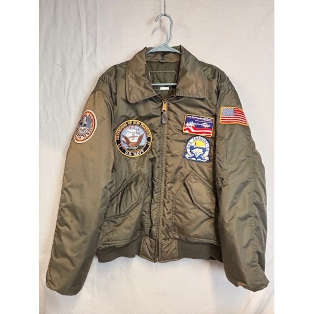 Vintage US Navy Patch Flight Jacket Olive Green Bomber Large USS Shangri-La